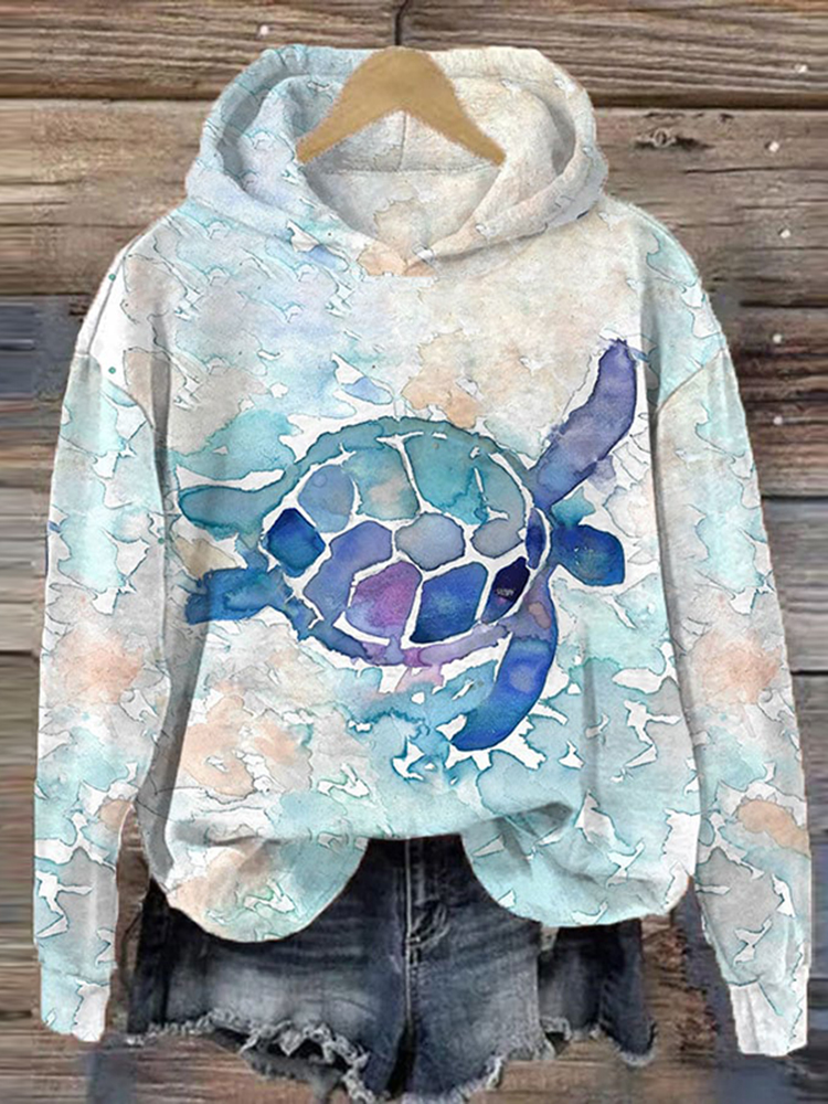 Comstylish Turtle Print Long Sleeve Hoodie