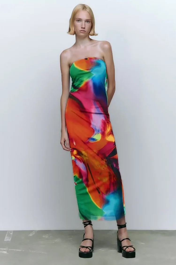 Boat Neck Tube Print Vacation Midi Dress