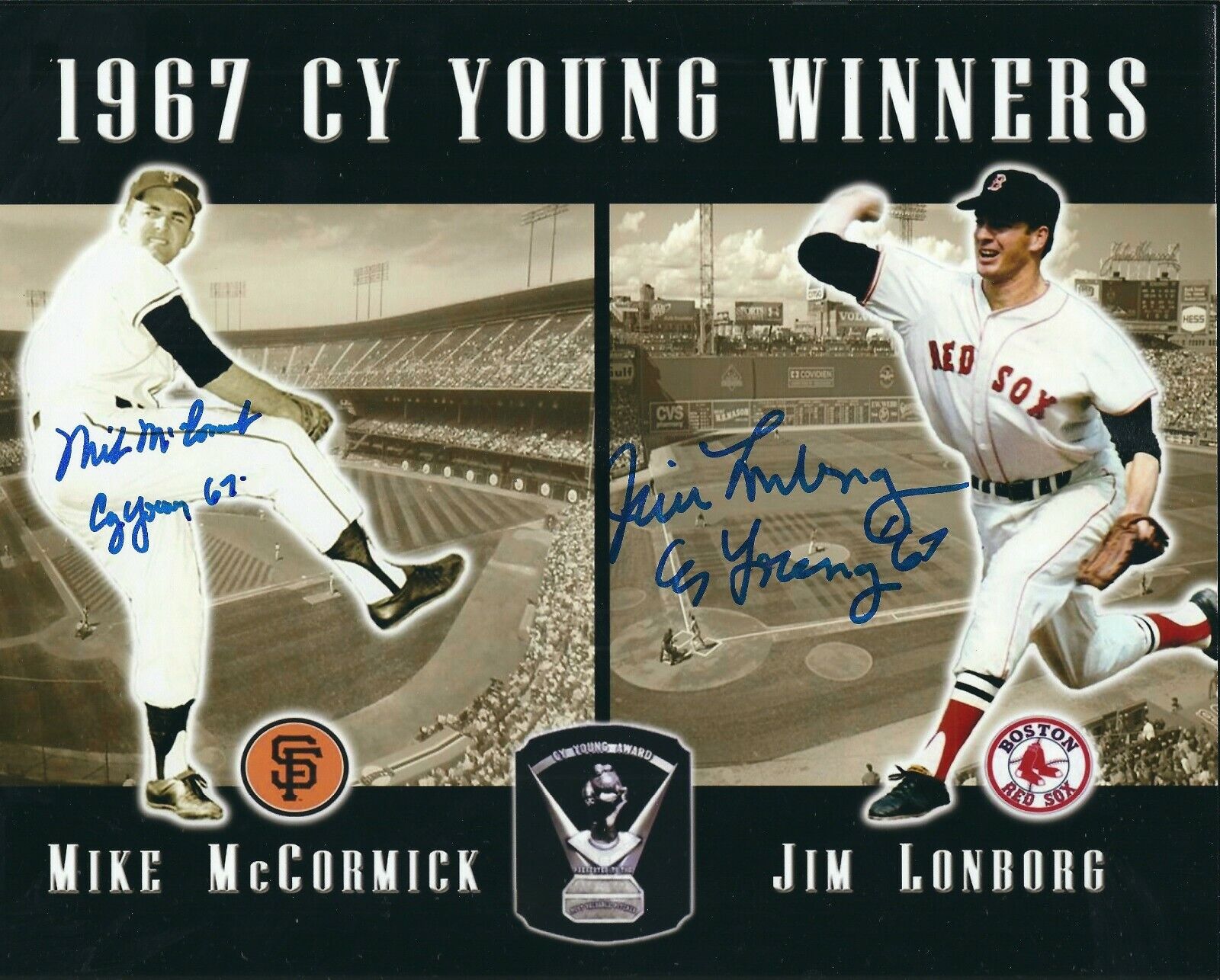 Autographed 8X10 MIKE MCCORMICK & JIM LONBORG CY YOUNG 67 Photo Poster painting - w/COA