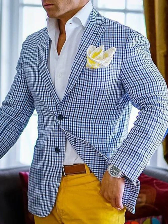 Men's Vintage Single-Breasted Plaid Gentleman's Business Suit Jacket 