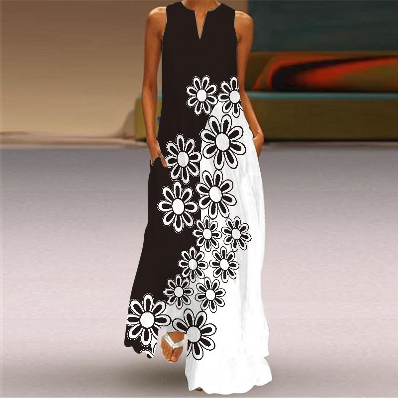 Sleeveless V-neck Fashion Floral Print Casual Long Dress MusePointer