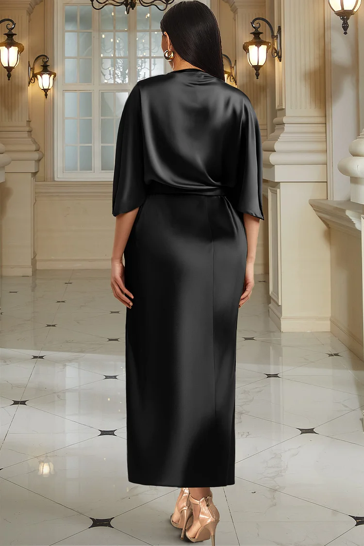 Xpluswear Design Plus Size Cocktail Party Black Cowl Neck Half Sleeve Split Satin Maxi Dresses [Pre-Order]