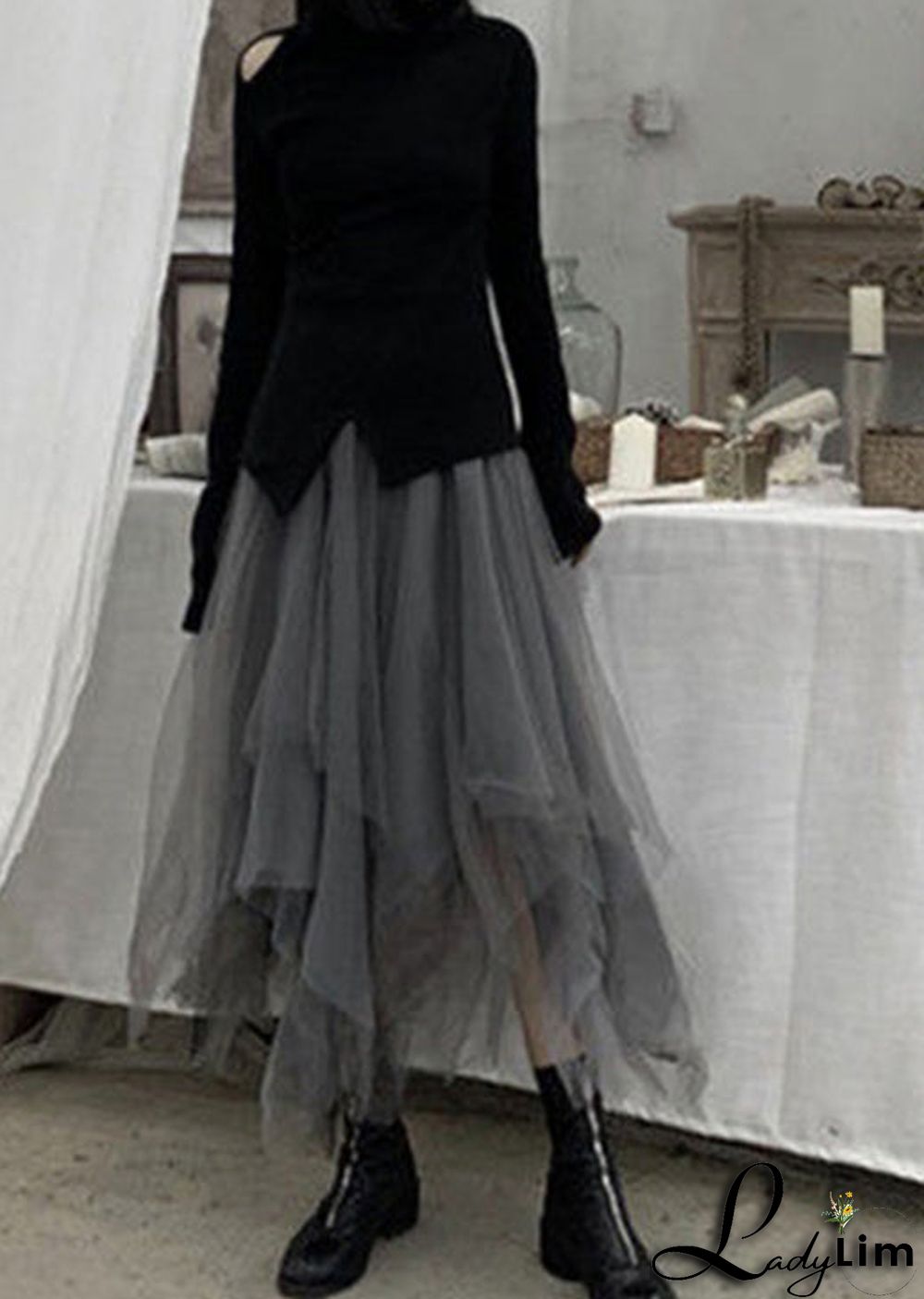 Plus Size Grey Patchwork Cute Tulle Skirts Spring