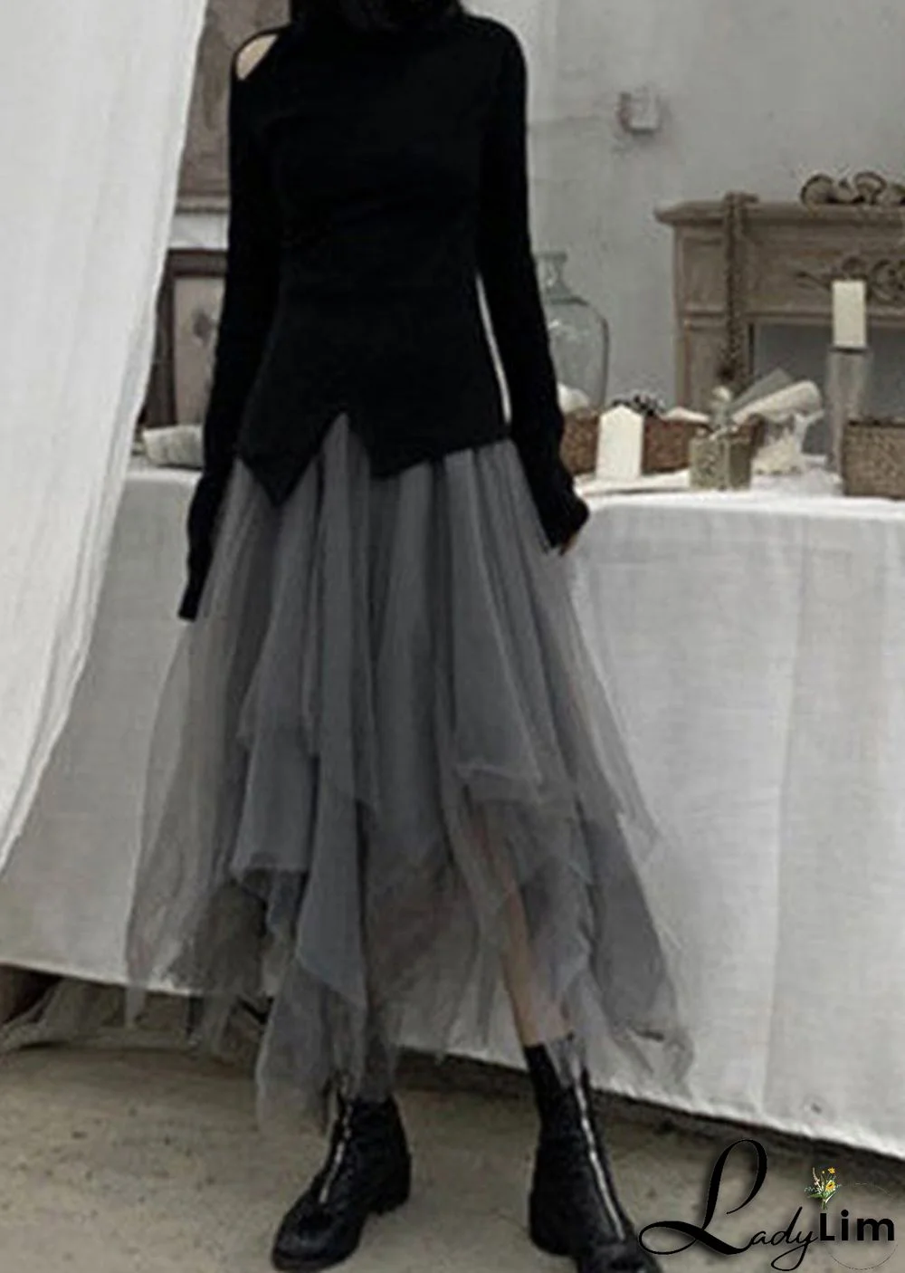 Plus Size Grey Patchwork Cute Tulle Skirts Spring