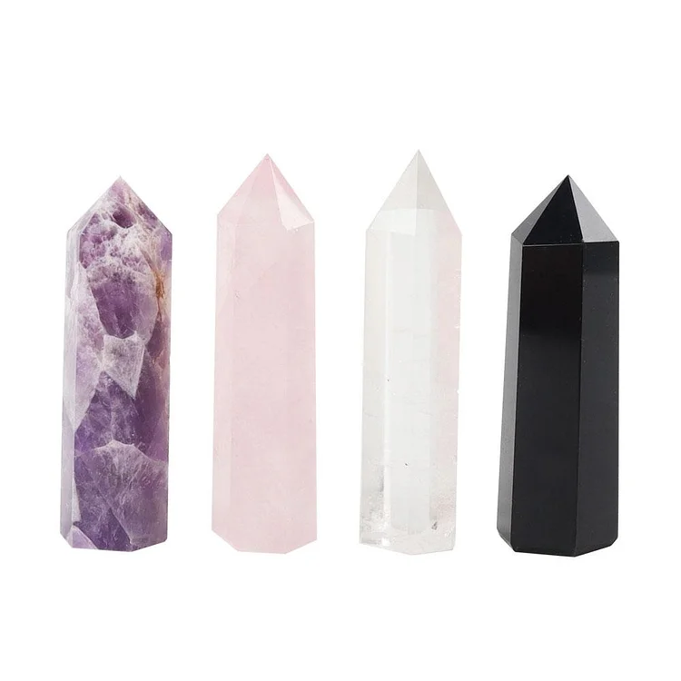 4pcs Amethyst Rose Quartz Rock Quartz Black Obsidian Towers Points Bulk Wands for Healing