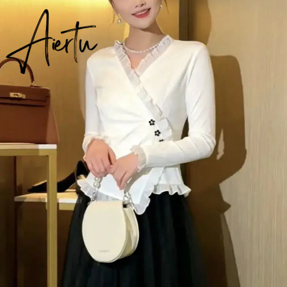Aiertu Autumn Black Long Sleeve T-shirt For Women's  Solid Color Ruffle Irregular Tops Ladies Elegant Slim Tees Fashion Camisetas Aiertu