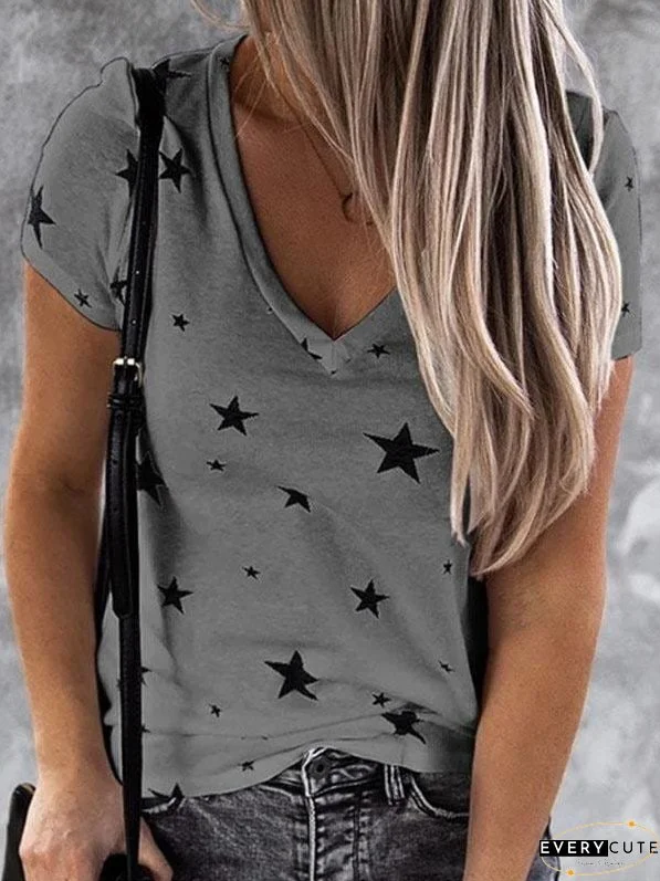 Summer V-Neck Loose Fit Star Print T-Shirt