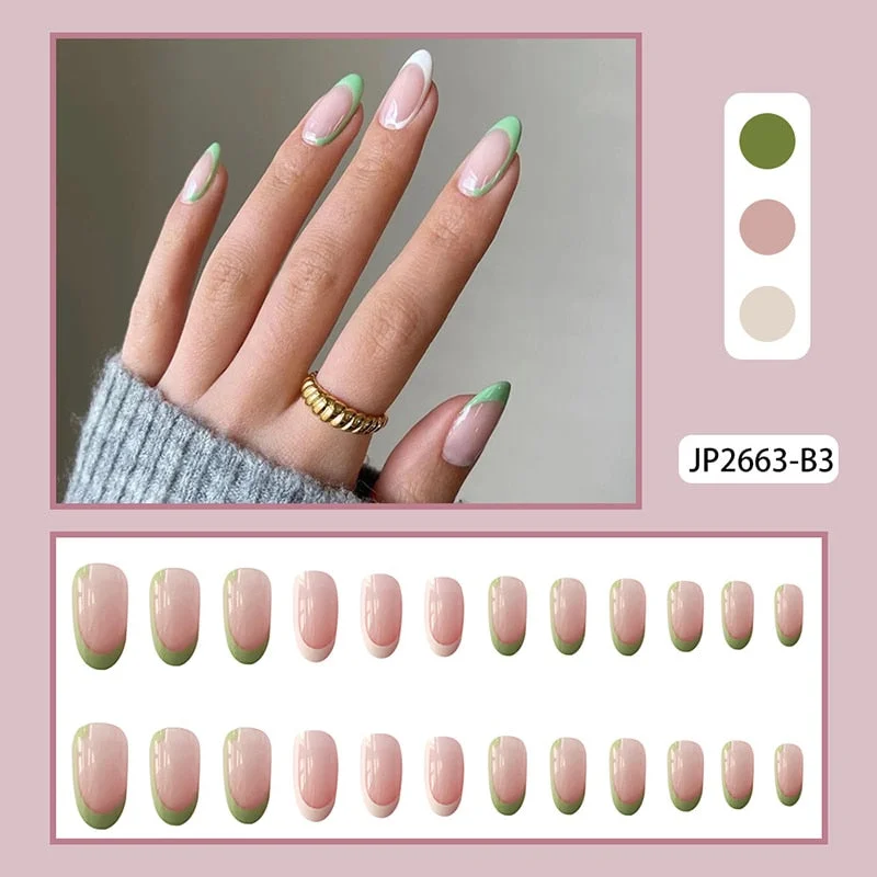 24pcs Point Head False Nails Tips Press On Nail with Heart Print Design Girl DIY Nail Patch Removable French Style Fake Nails-Nail Inspo