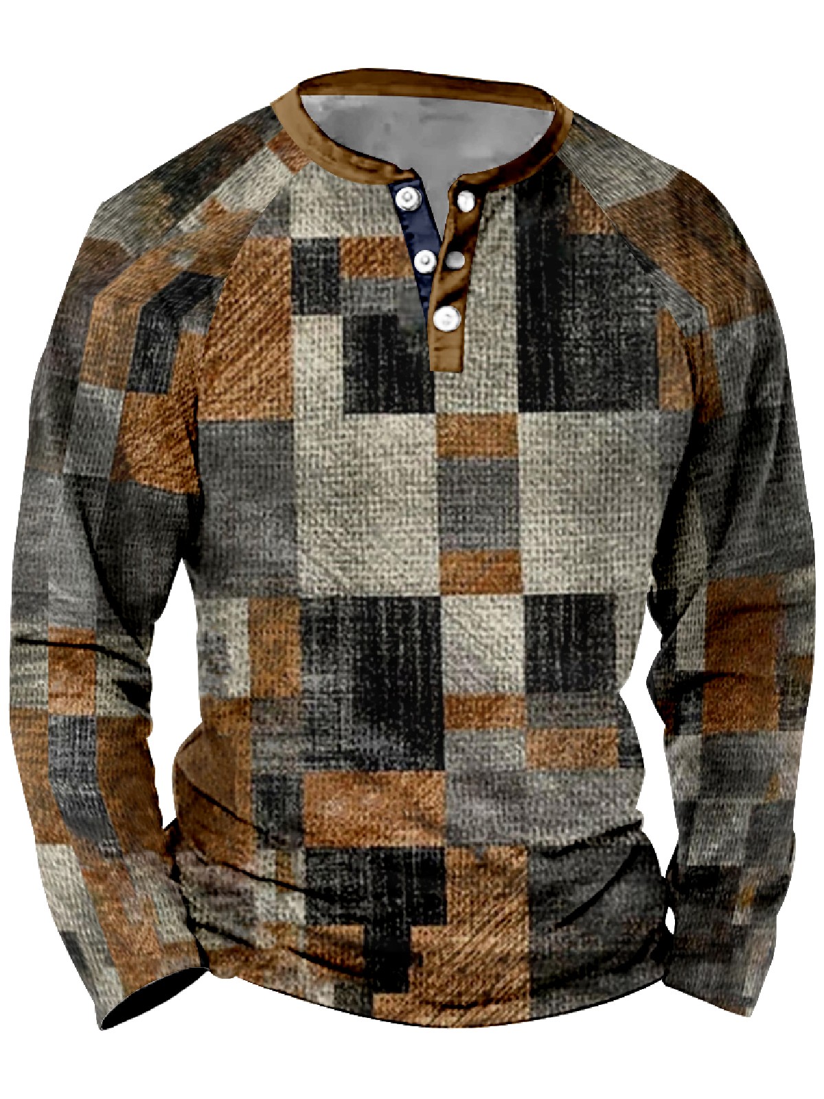 Men's Square Waffle Button Polo Distressed Long Sleeve T-Shirt PLUSCLOTHESMAN