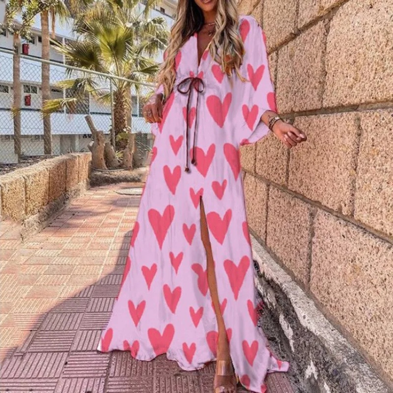 Women's Long V-Neck Printed Belted Princess Sleeve Regular Waist Ankle-Length Dress 