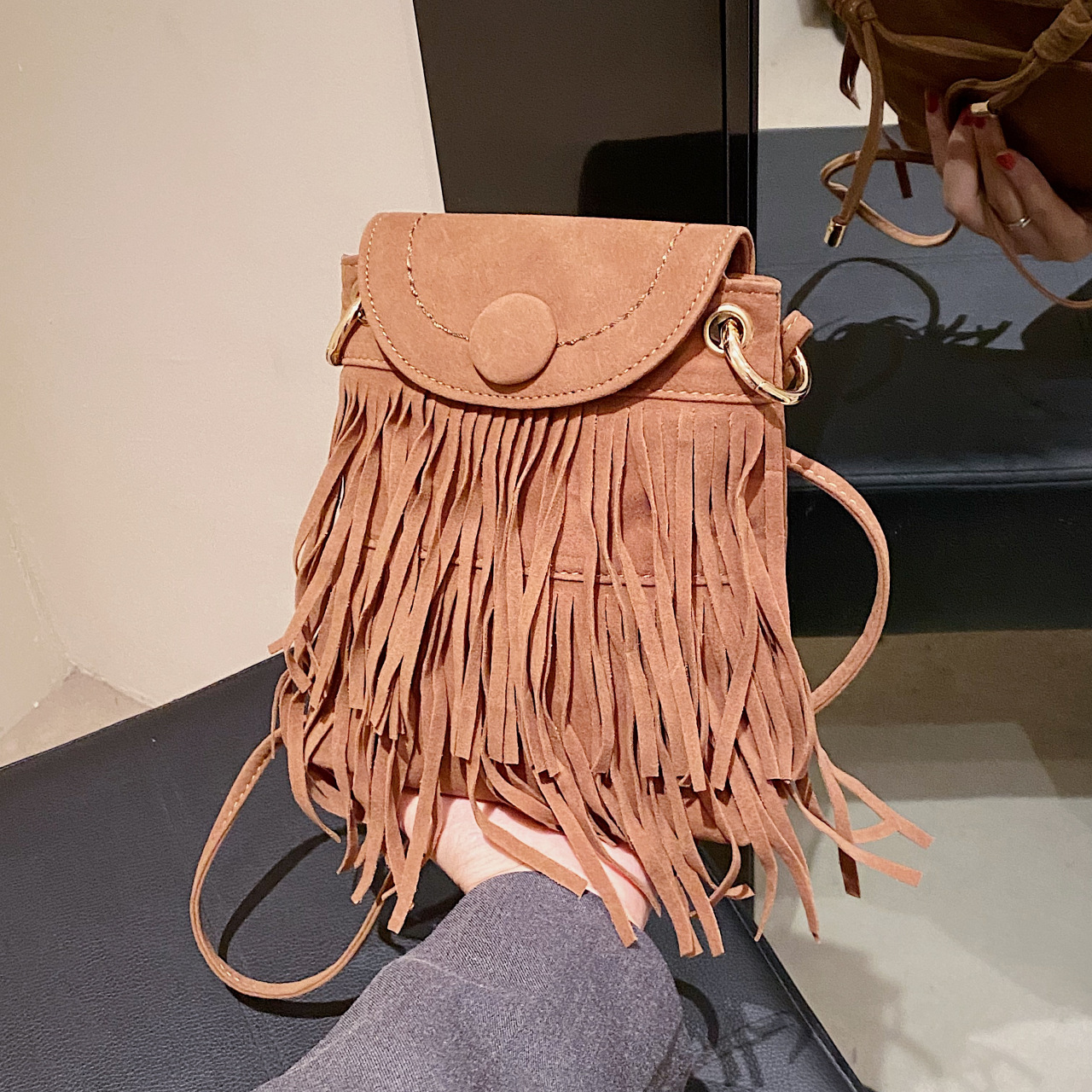 Retro Crossbody Fringe Solid Color Small Square Bag
