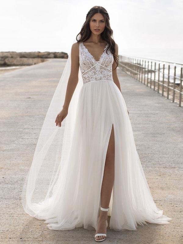Beautiful V-Neck Sleeveless Lace Bridal Gown With Slit Boho Bridal Gown - lulusllly