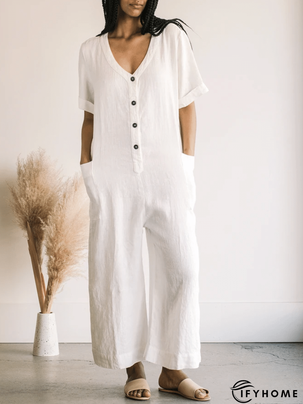 Casual Cotton-Blend Pockets Solid Jumpsuit & Romper | IFYHOME