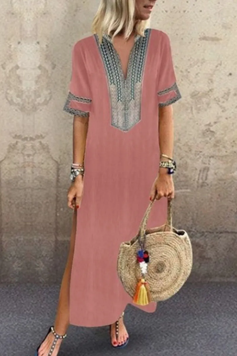 Fashion Celebrities Print Patchwork V Neck Printed Dress(6 Colors)