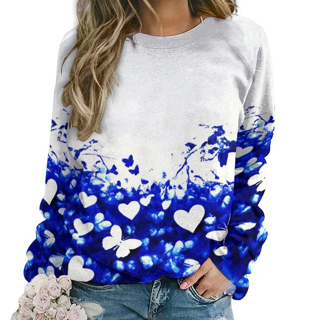 Printed Long Sleeve Casual Sweatshirt for  Women and Men Unisex Pattern Butterflies, Floral, Blue, Watercolor