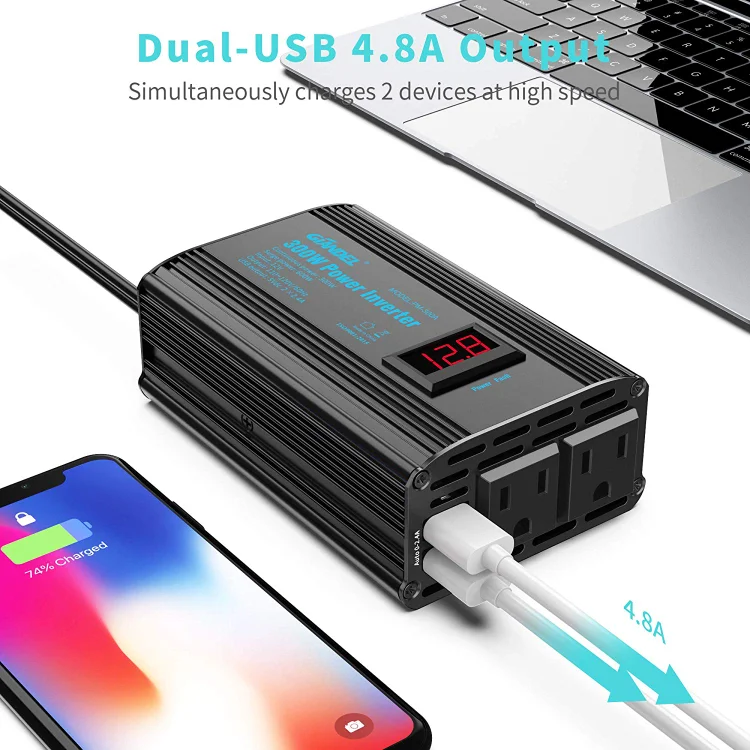 300Watt Pure Sine Wave Power Inverter DC 12volt to AC 120volt Car Converter  Adapter with Dual USB Ports for Smartphones Laptops Tablets