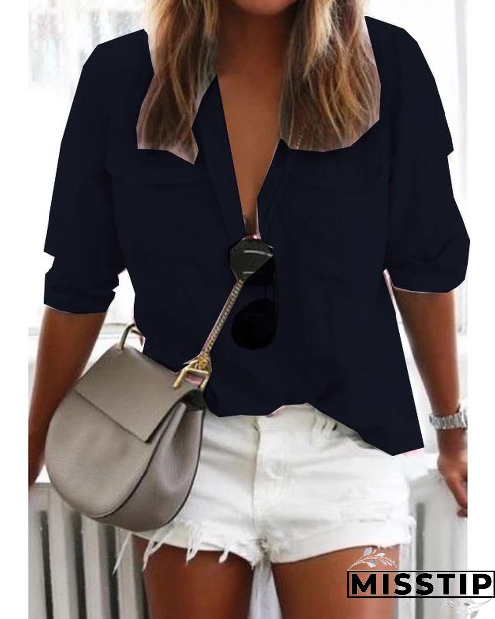 Solid Long Sleeve Shirt Collar Pockets Casual Plus Size Shirts