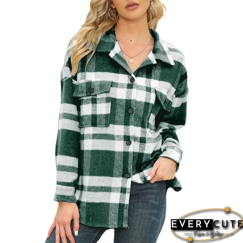 Green Plaid Print Buttoned Pocket Flannel Shacket