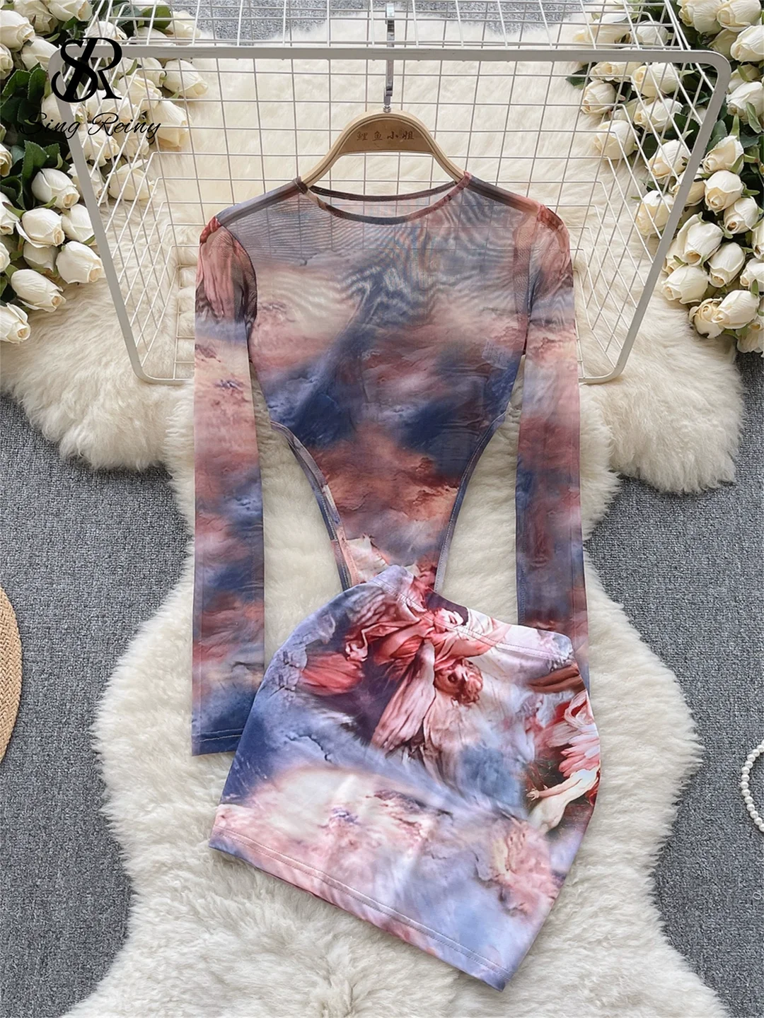 Huibahe Fashion Hotsweet Two Pieces Suits O Neck Long Sleeved Transparent BodySuit Top+ Skinny Mini Skirt Tie Dye Print Sets