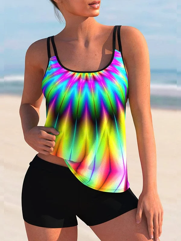 Plus Size Swimwear Sleeveless Bright Floral Printed Striped Plaid Tankini