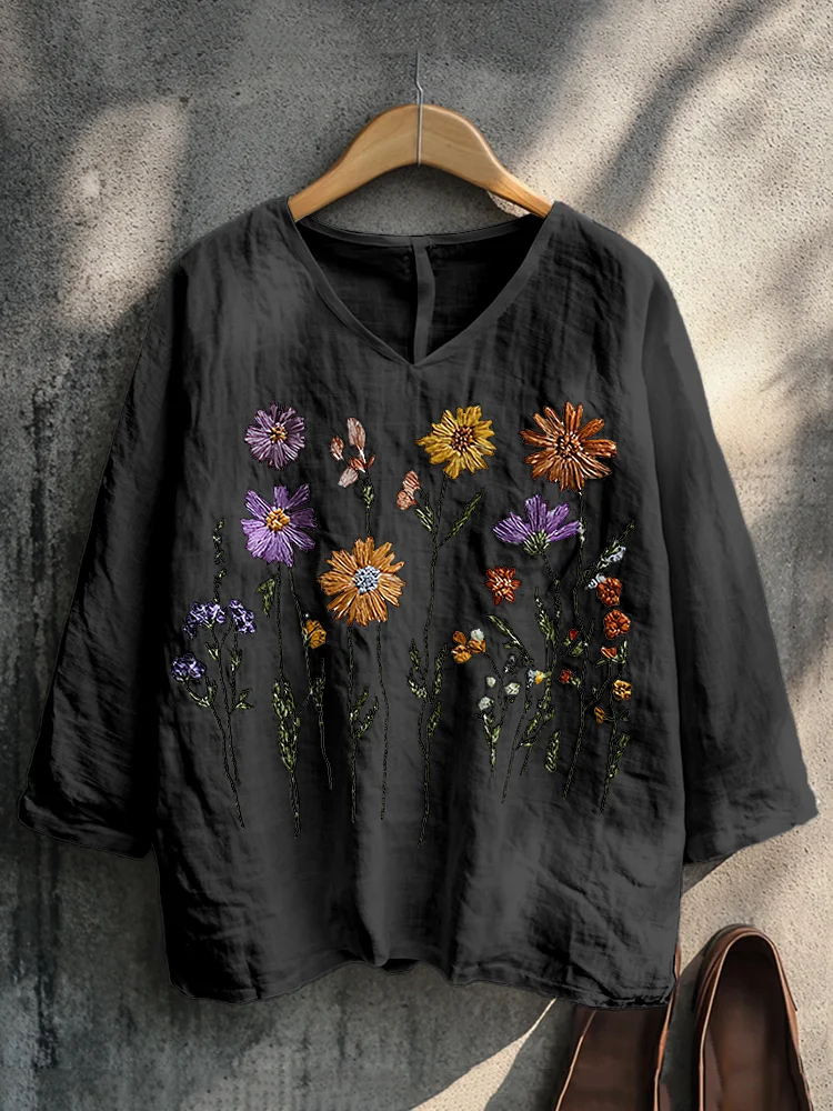 Utbros Boho Floral Embroidery Print Cotton And Linen Blend Loose Blouse