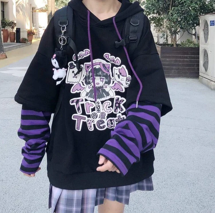 [Clearance] Warm Cartoon Letters Print Striped Splicing Long Sleeve Hoodie Pullover SP15266