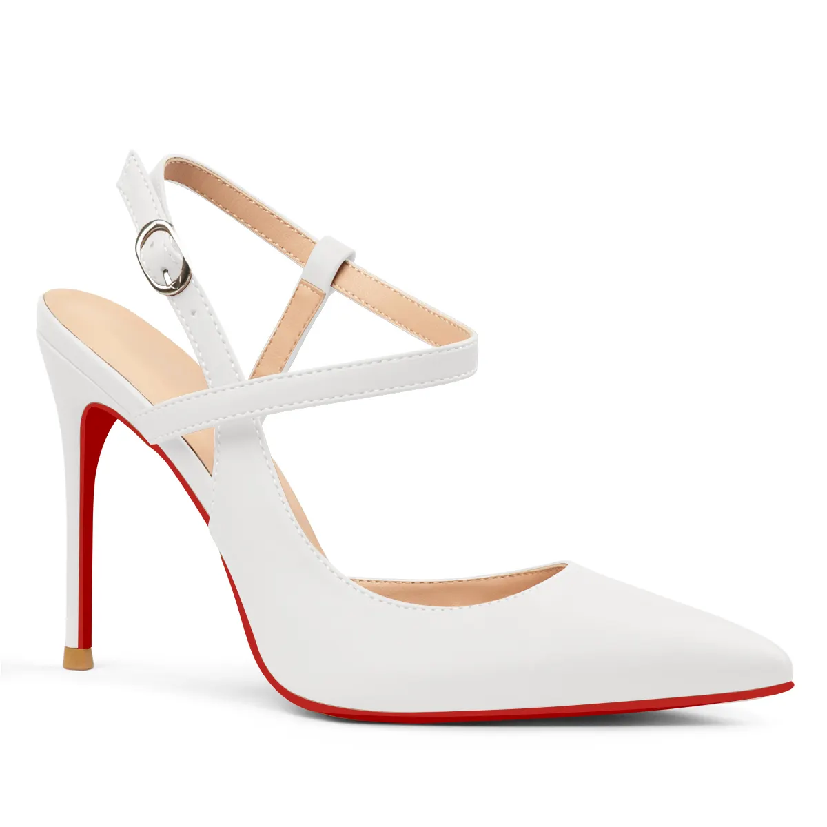 100mm Women Slingback Matte Pumps Ankle Strap Jenlove Stiletto Mid Heel Close Pointed Toe Dress Red Bottoms Shoes-vocosishoes