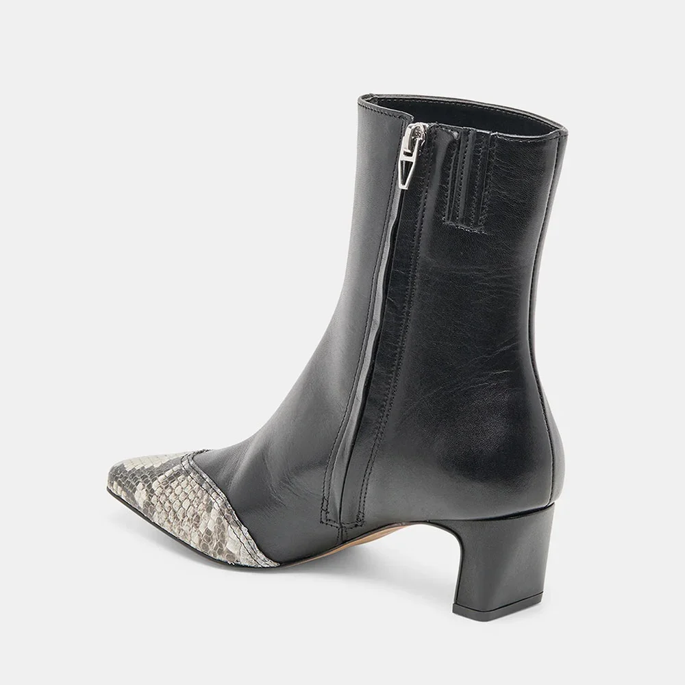 Black Snakeskin Pattern Closed Toe Chunky Heel Ankle Boots with Zipper