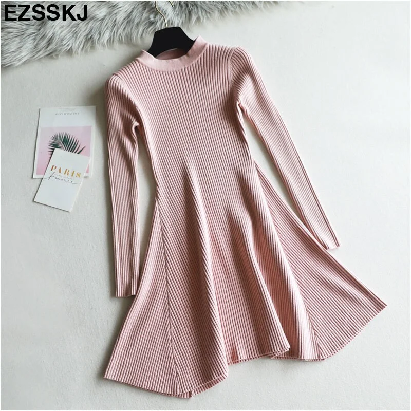 chic Autumn Winter black Sweater Dress Women o-neck Long Sleeve A Line thick Knit mini Dress female girl short bodycon dress