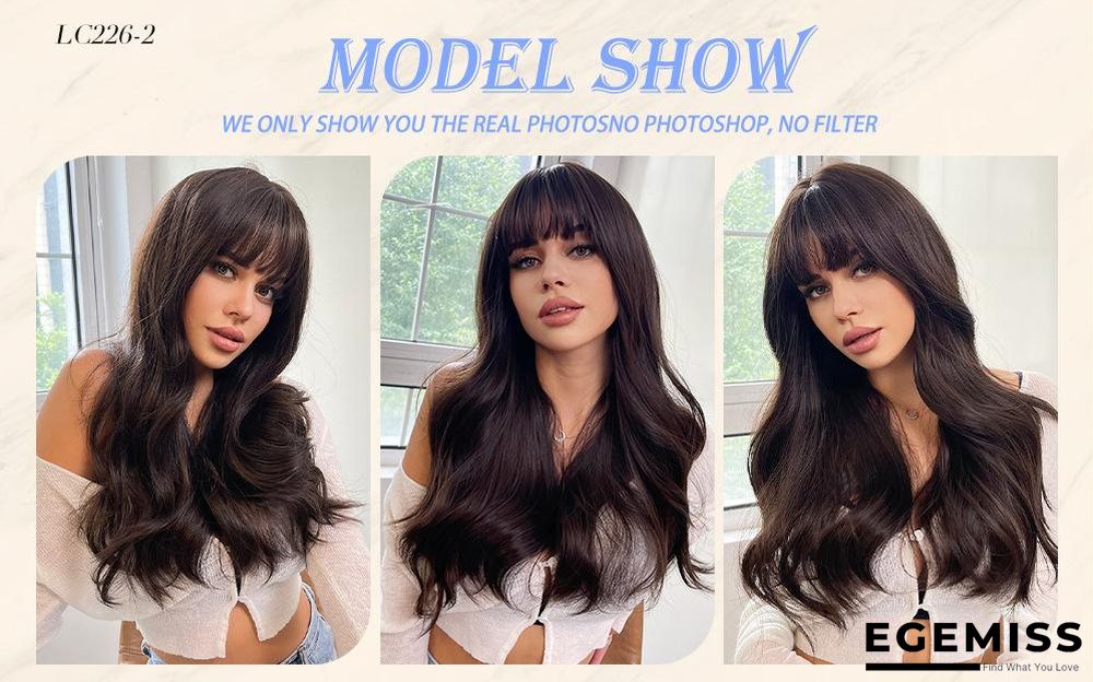 Long Brown Wigs with Bangs  Wave Synthetic Wigs for  Women | EGEMISS