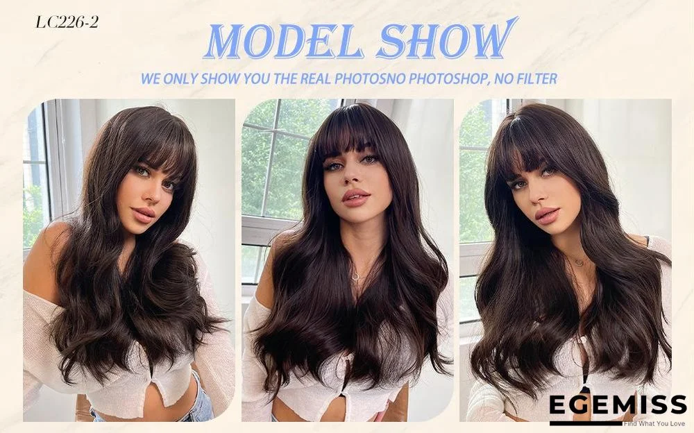 Long Brown Wigs with Bangs  Wave Synthetic Wigs for  Women | EGEMISS