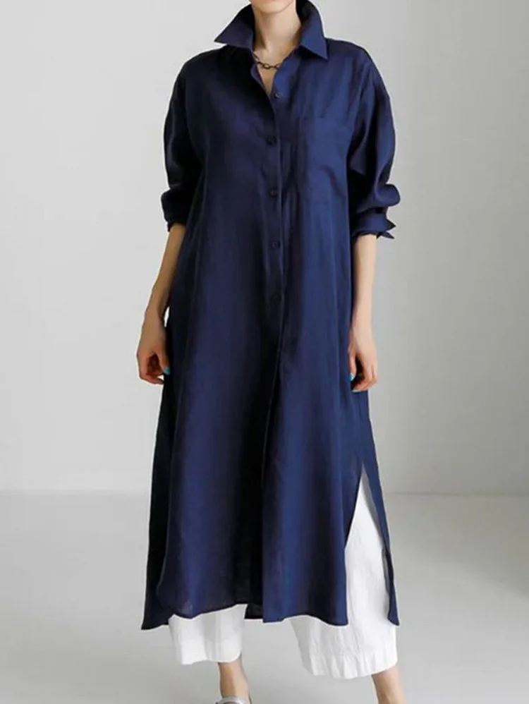 Casual Solid Color Lapel Collar Split-Side Long Sleeves Shirt Dress