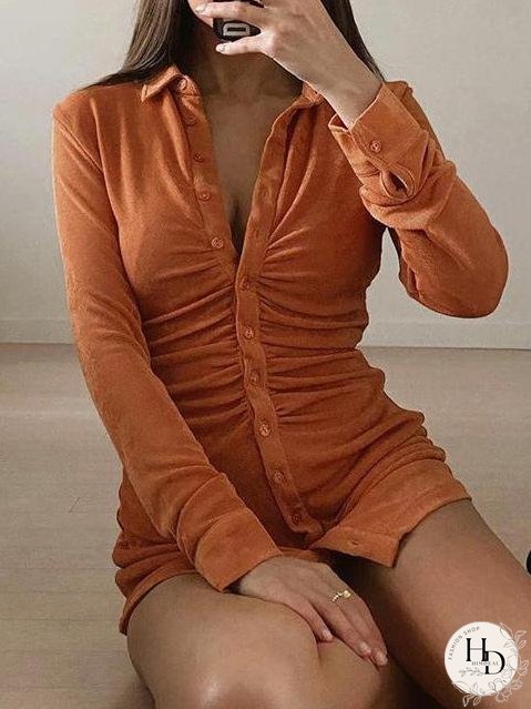 Classy Button Ruched Slim-Fit Shirt Dress