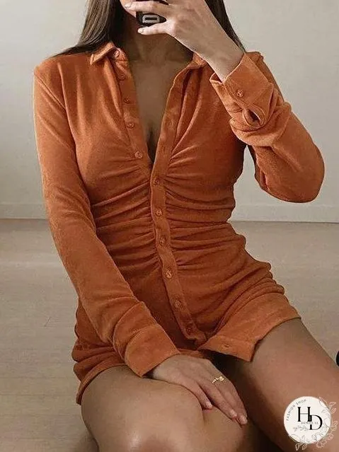 Classy Button Ruched Slim-Fit Shirt Dress