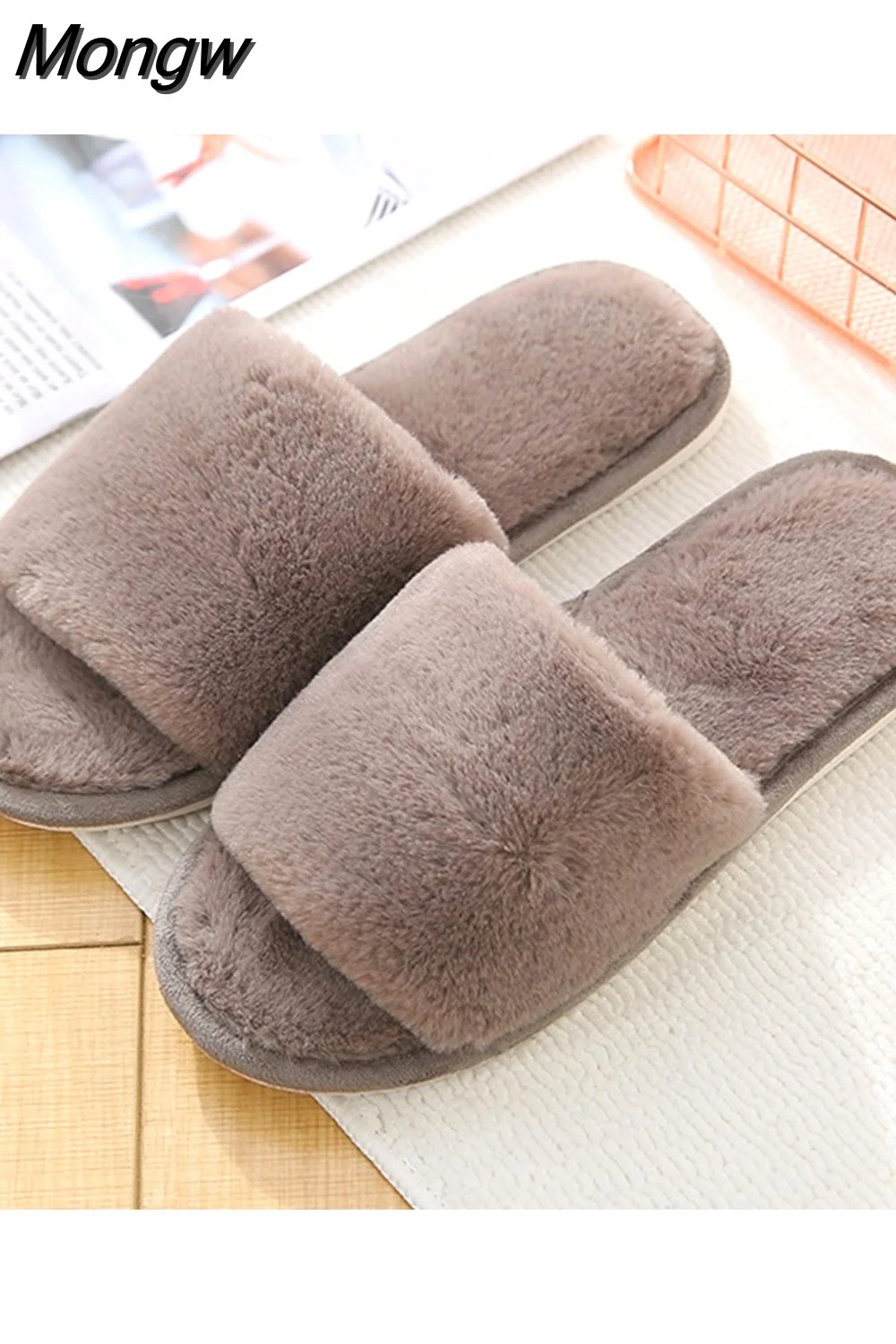Mongw Women Faux Fur Warm Slippers Winter House Slide Fluffy Flat Shoes Female Slip on Home Furry Cotton Slippers
