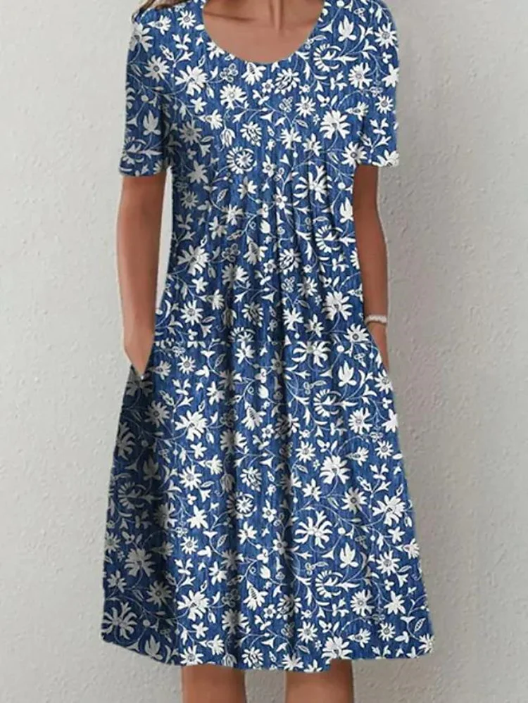 Women's Spring Blue Floral Dress Crew Neck Short Sleeve A Line Midi Dress