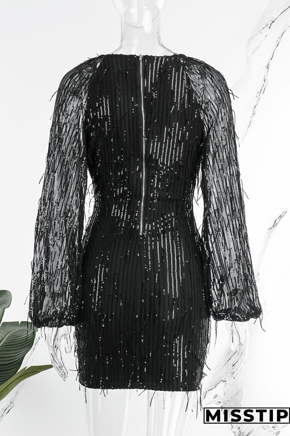 Black Casual Patchwork Tassel Sequins V Neck Long Sleeve Dresses