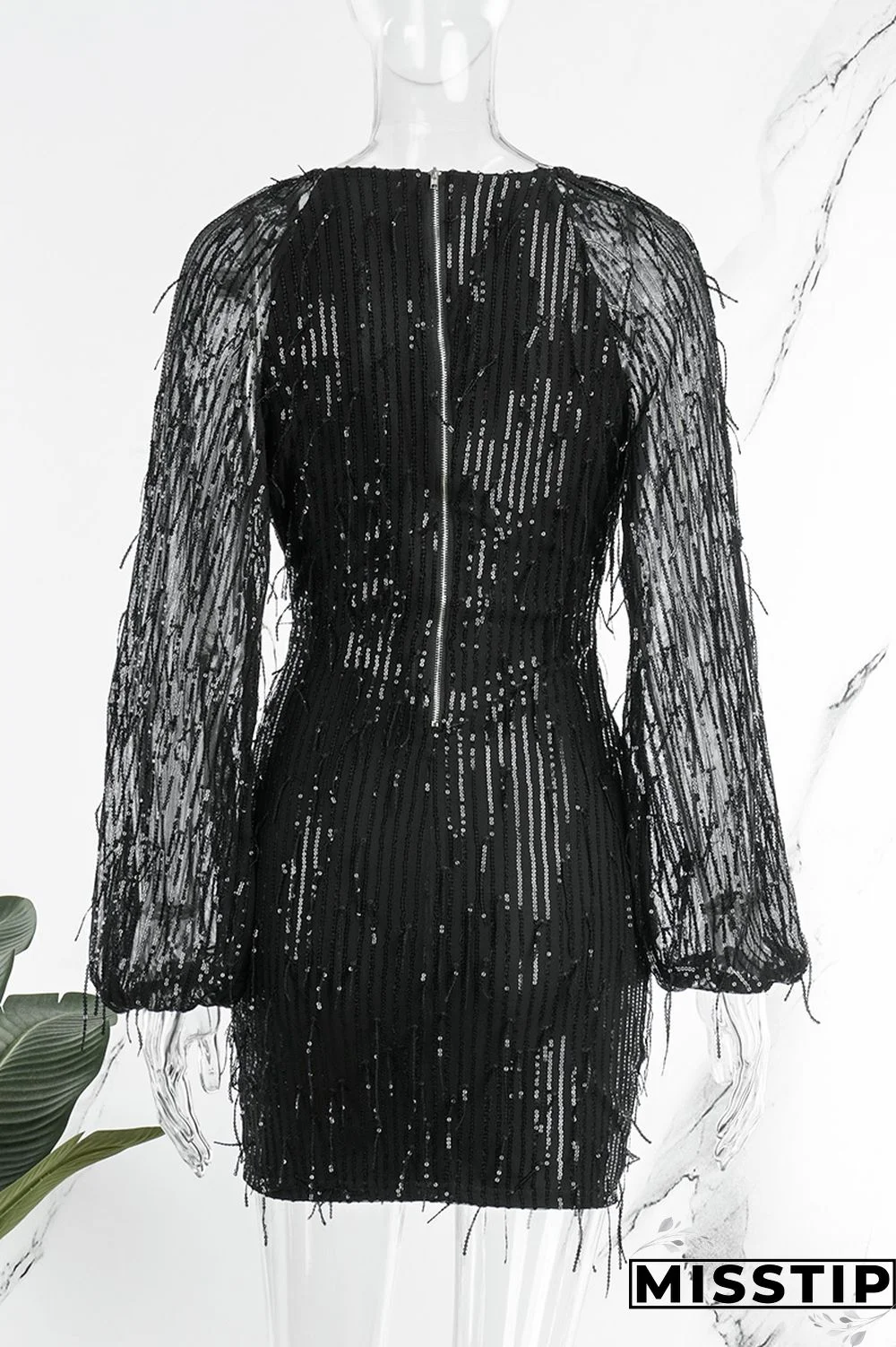 Black Casual Patchwork Tassel Sequins V Neck Long Sleeve Dresses