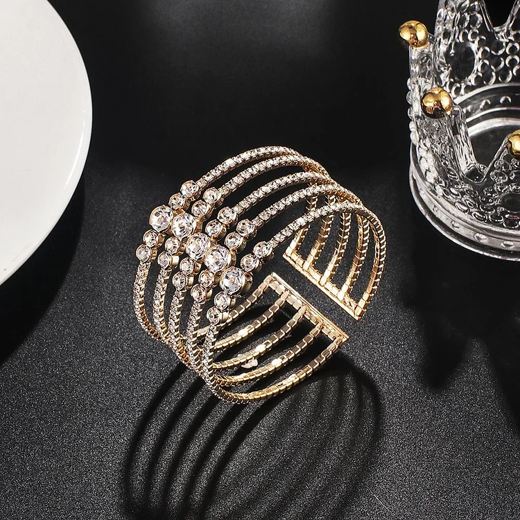 Multirow Combination Full Crystals Wide Lady Opening Bracelet