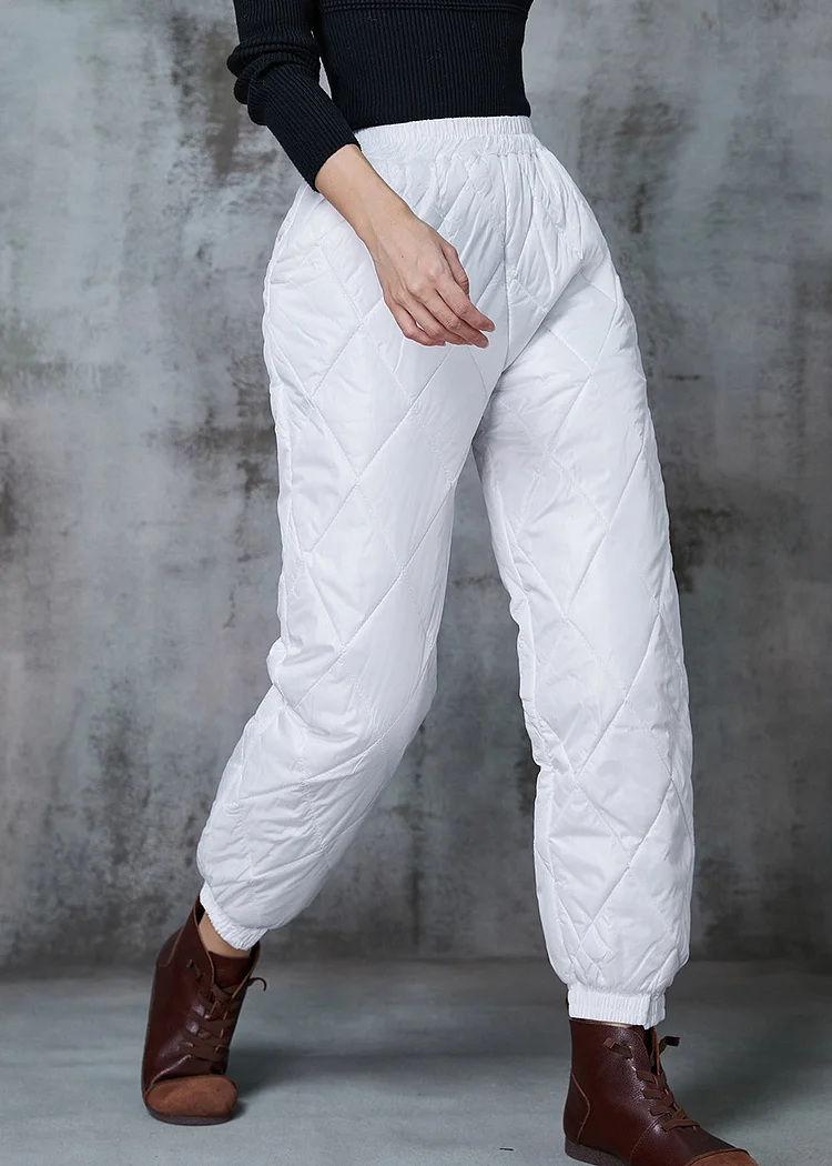 White Warm Fine Cotton Filled Pants Elastic Waist Winter