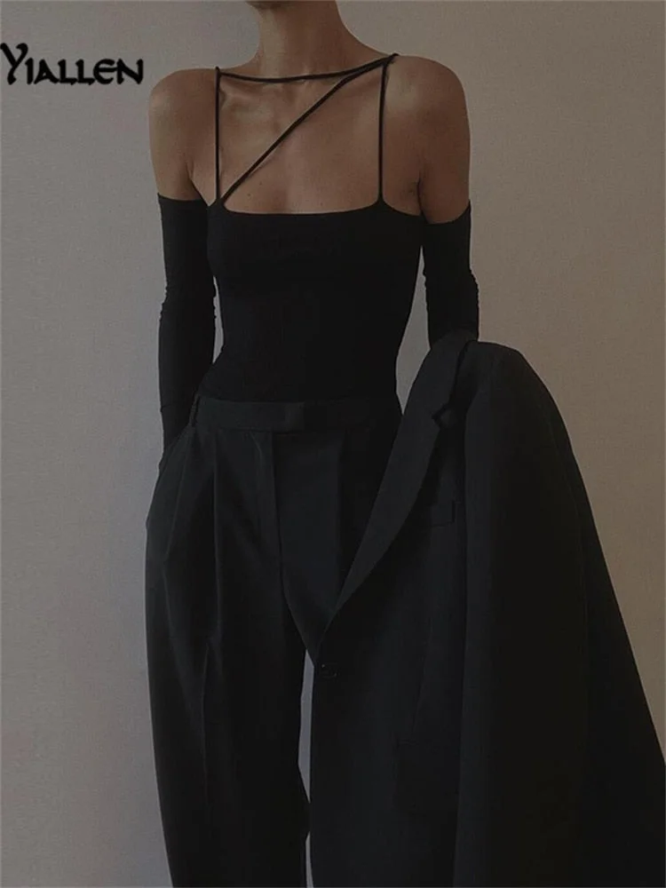 Yiallen Autumn New Sexy Hollow Out Off Shoulder Backless Black Rib Knit Bodysuit For Women 2021 Fashion Casual Streetwear Hot