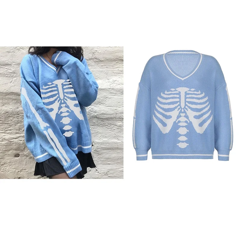 Rapcopter Sweaters Skulls Pullovers V Neck Knitwear Loose Casual Knitted Jumpers Women Streetwear Retro Tops Autumn Winter Cute