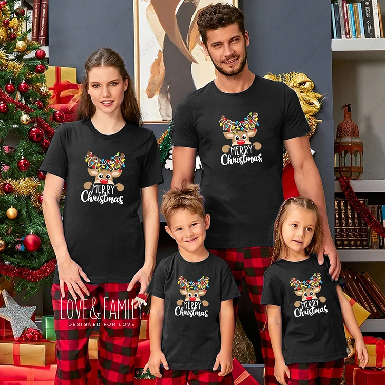 Merry Christmas Reindeer Family Matching Short Sleeve Pajamas Sets