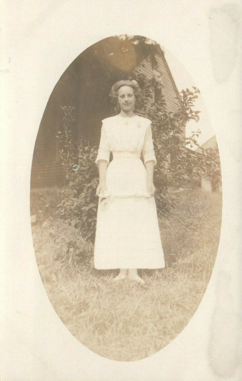 Antique Young Beautiful Lady with Glasses Dressed White RPPC Real Photo Poster painting Postcard