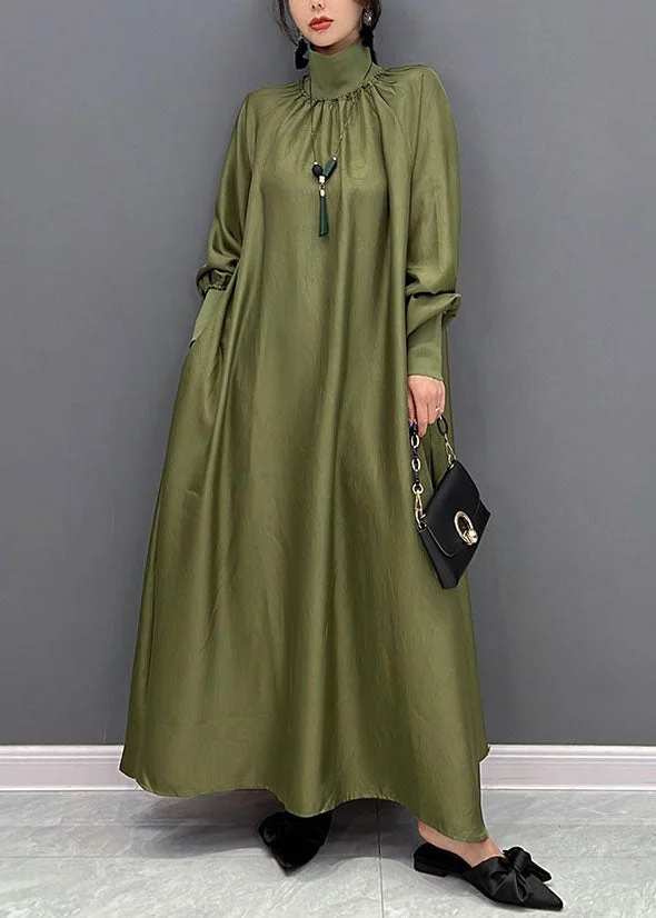 Modern Army Green High Neck Oversized Solid Color Silk Dress