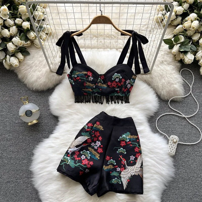 2022 Summer Bohemain Shorts Two Piece Set Runway Bow Strapless Crop Tops and Shorts Outfits for Women Matching Sets