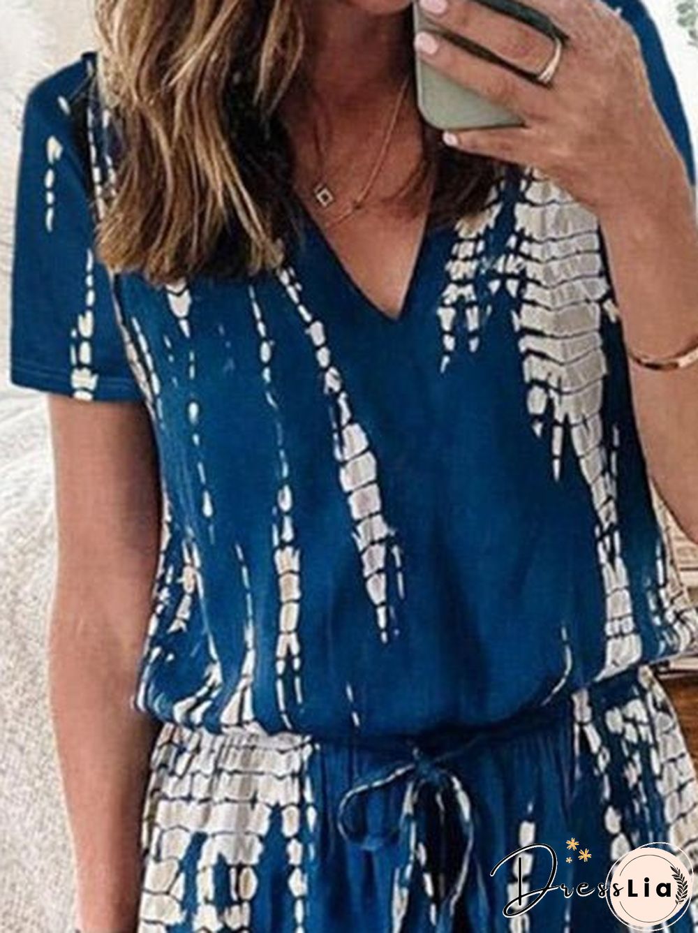 Women'S Jumpsuits Casual Tie Dye Print V-Neck Short Sleeve Jumpsuit