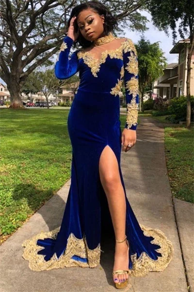 Modern Royal Blue Long Sleeves Prom Dress Mermaid Slit With Gold Appliques - lulusllly