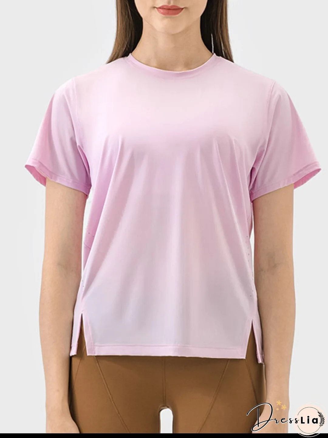 Slit Round Neck Short Sleeve Active T-Shirt
