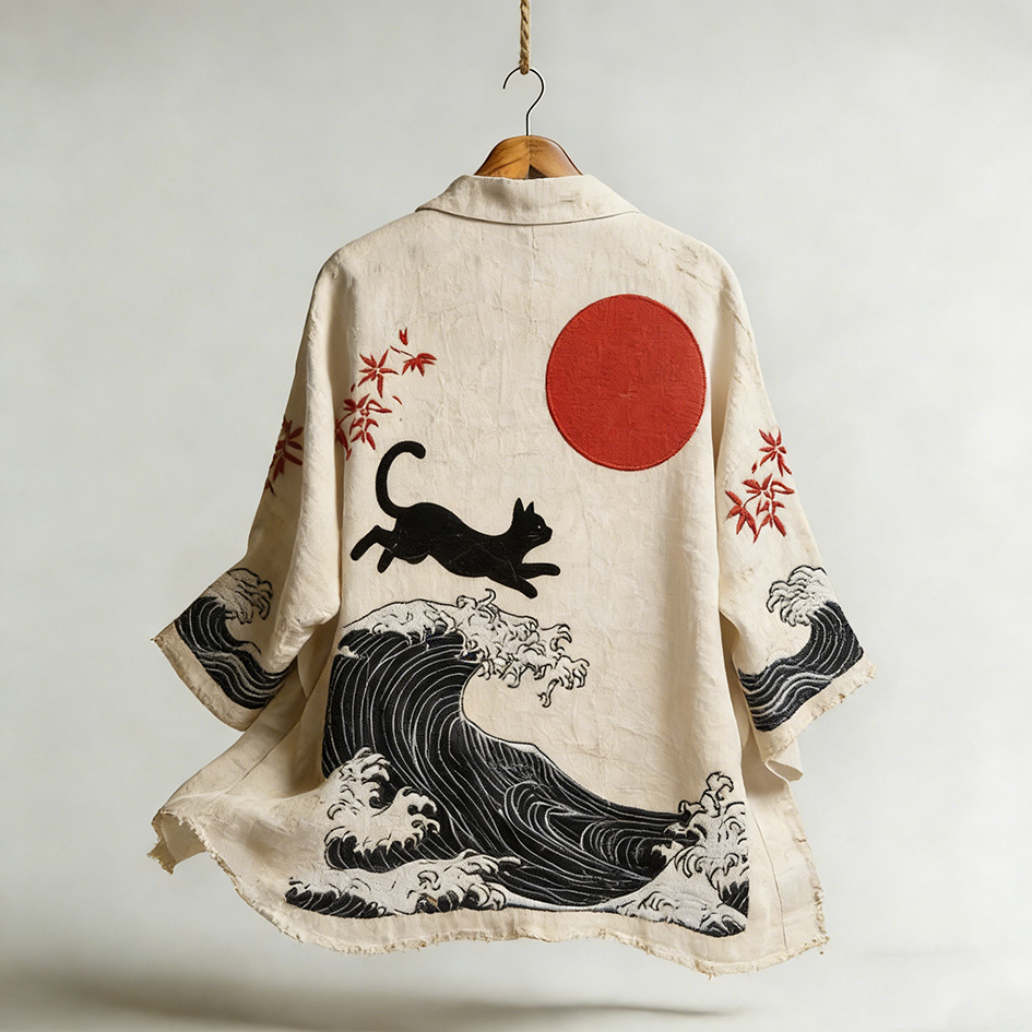 Japanese Art Retro Pattern Design Linen Cardigan  artssus